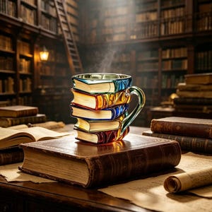 May include: A ceramic mug shaped like a stack of five colorful books with a glossy finish and a curved handle. The mug features vibrant blue, yellow, and red book spines and pages, with steam rising from the top, resting on a large leather-bound book.