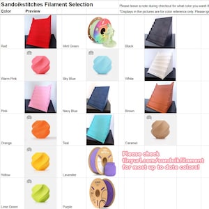 May include: A color chart for Sandoikstitches filament selection, featuring various colors like red, mint green, black, warm pink, sky blue, white, pink, navy blue, brown, orange, teal, caramel, yellow, lavender, lime green, and purple. The text says "Please check tinyurl.com/sandoikfilament for most up to date colors!"