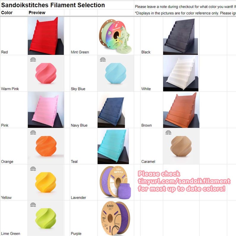 May include: A color chart for Sandoikstitches filament selection, featuring various colors like red, mint green, black, warm pink, sky blue, white, pink, navy blue, brown, orange, teal, caramel, yellow, lavender, lime green, and purple. The text says "Please check tinyurl.com/sandoikfilament for most up to date colors!"