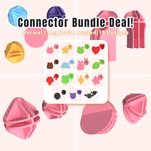 Pode incluir: Uma coleção de conectores impressos em 3D em várias formas e cores, incluindo rosa, amarelo, azul e roxo. A imagem apresenta o texto "Connector Bundle Deal!" e uma seleção de 15 designs diferentes.