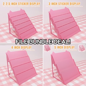 Puede incluir: Expositores de pegatinas rosas en varios tamaños: 2-2,5 pulgadas, 3 pulgadas, 4 pulgadas y 5 pulgadas. Cada expositor es plegable y está diseñado para pegatinas. La imagen incluye el texto "FILE BUNDLE DEAL!"