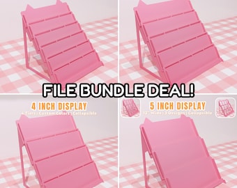 May include: A pink, collapsible, multi-tiered sticker display stand shown in four variations labeled 2-2.5 inch, 3 inch, 4 inch, and 5 inch sizes. The text FILE BUNDLE DEAL! is centered over the images of the tiered racks.