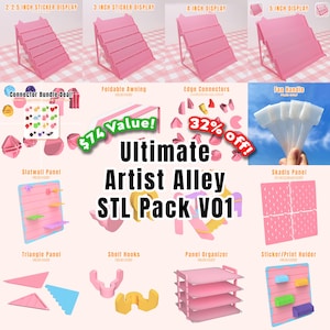 May include: An image displaying a range of pink display and organisational items. Includes sticker displays, a foldable awning, edge connectors, fan handles, slatwall panels, triangle panels, shelf hooks, a panel organiser, and a sticker/print holder. Text reads "Ultimate Artist Alley STL Pack V01."