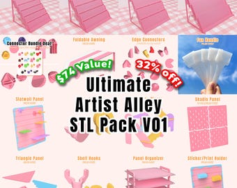May include: A promotional image showcasing various pink display and organizational items. Includes sticker displays, a foldable awning, edge connectors, fan handles, slatwall panels, triangle panels, shelf hooks, a panel organizer, and a sticker/print holder. Text reads "Ultimate Artist Alley STL Pack V01."