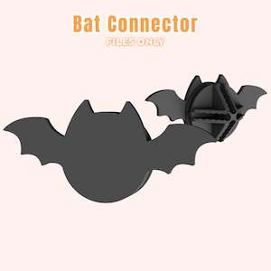 Puede incluir: Conector negro con forma de murciélago con el texto "Bat Connector FILES ONLY". El conector tiene un diseño detallado con alas y un centro circular. Ideal para Halloween o manualidades temáticas.