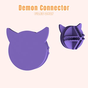 Op de afbeelding: Twee paarse katvormige connectoren. Eén is een effen silhouet, de andere is een 3D-ontwerp met interne steunen. De tekst "Demon Connector FILES ONLY" staat bovenaan in oranje.