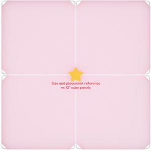 May include: A light pink grid of four squares with white lines and corner details. A yellow star is in the center. Text reads "Size and placement reference vs 12" cube panels."
