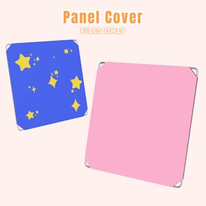Op de afbeelding: Twee vierkante paneelhoezen met metalen hoeklussen. De ene hoes is blauw met een geel sterrenpatroon en de andere is effen roze. De tekst Panel Cover FILES ONLY staat bovenaan de afbeelding in oranje en witte letters.