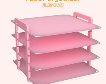 May include: A pink panel organizer with four shelves. The shelves are supported by a pink frame with silver-colored metal accents. The text "Panel Organizer FILES ONLY" is displayed at the top.