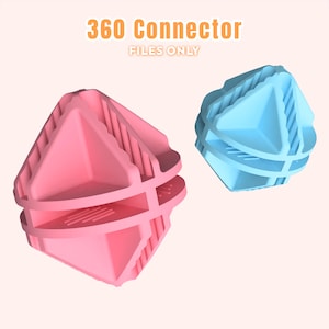 Może przedstawiać: Dwa złącza drukowane w 3D, jedno różowe i jedno niebieskie, są wyświetlane na jasnym tle. Złącza mają kształt trójkątnego graniastosłupa z równoległymi żebrami. Tekst "360 Connector FILES ONLY" znajduje się u góry.