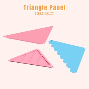 Op de afbeelding: Drie driehoekige panelen in roze en blauw. Eén roze paneel heeft een geschulpte rand, een ander heeft interne steunlijnen en de derde is een effen roze driehoek. De tekst "Triangle Panel FILES ONLY" staat bovenaan.