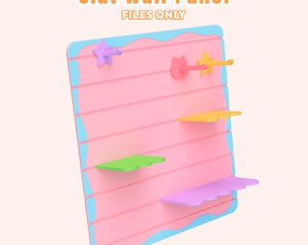 May include: A pink slat wall panel with a light blue wavy border, featuring the text Slat Wall Panel FILES ONLY. The panel includes two star-shaped hooks, one cat-shaped hook, and three shelves in yellow, green, and purple with scalloped edges.