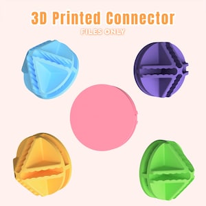 Op de afbeelding: Een verzameling 3D-geprinte connectoren in verschillende kleuren, waaronder blauw, paars, geel en groen, samen met een roze schijf. De tekst "3D Printed Connector FILES ONLY" staat bovenaan.
