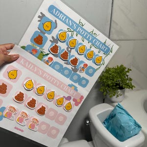 May include: Two potty training charts, one for Adrian and one for Kaily, with stickers featuring smiling poop and pee emojis. The charts are held in a bathroom setting, near a toilet and a small plant.
