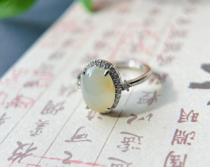 Natural Jadeite & Sterling Silver Adjustable Ring Band Burmese Type A Highly Translucent Icy Yellow Floral Jade RARE Color