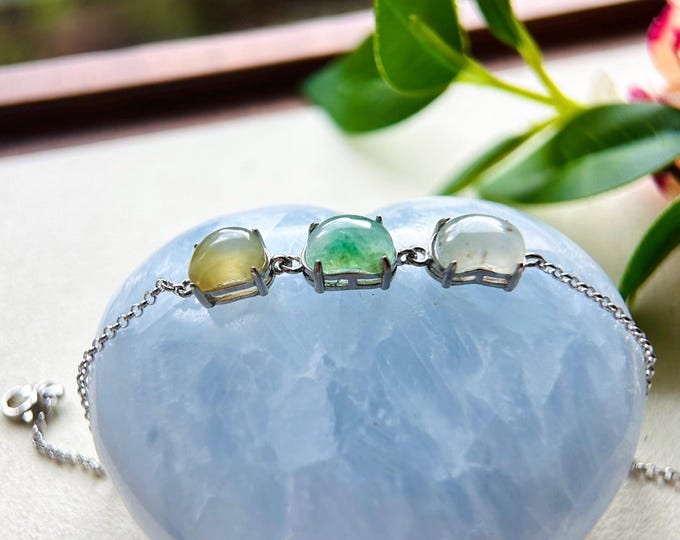 Jadeite Jade Handmade Moon Bracelet Jewelry Gift for Her Natural Burmese Type A Highly Translucent Icy Multicolor Jadeite & Sterling Silver