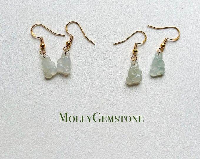 Jadeite Jade Earrings Jewelry Lunar New Year Gift Untreated Burmese Translucent Icy Type A Jadeite Hand-carved Ru-Yi(如意) Sterling Silver