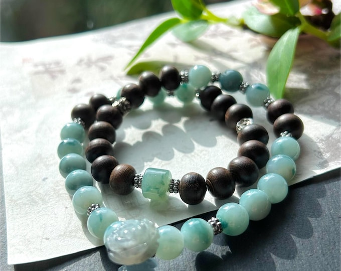 Icy Blue Floral Jadeite Beaded Stacked Bracelet - Natural Burmese Type A Jade & Agarwood, Sterling Silver