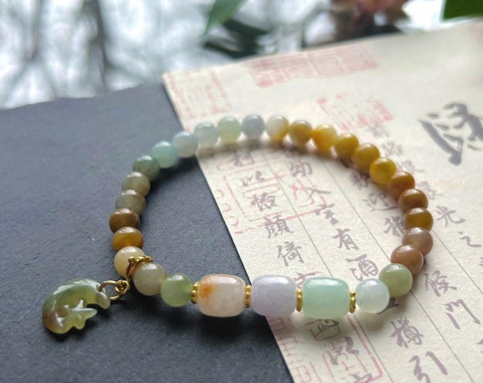 Natural Type A Burmese Jadeite Bracelet – Icy Translucent Autumn Multicolor Beads, 6mm Genuine Untreated Myanmar Jade