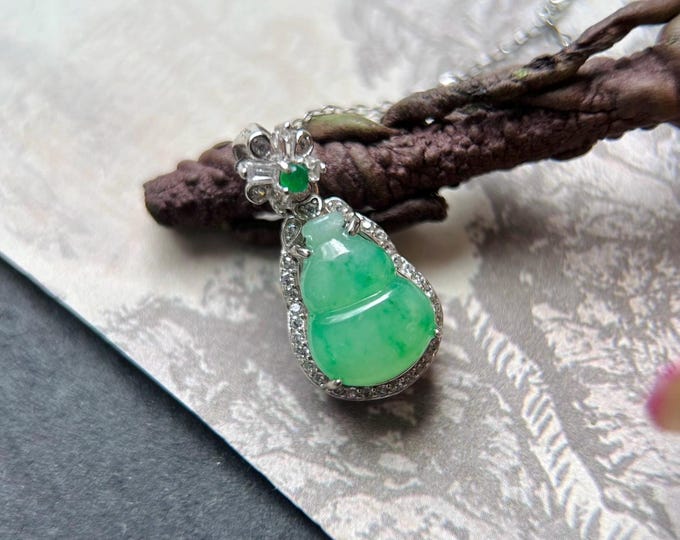 Natural Jadeite Hulu Minimalist Pendant Necklace Burmese Type A Icy Highly Translucent Sweet Sunny Green Jade