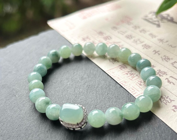 Natural Jadeite Beaded Bracelet with Ice Cube Focal Charm Burmese Type A Translucent Icy Blue Floral 7mm Jade