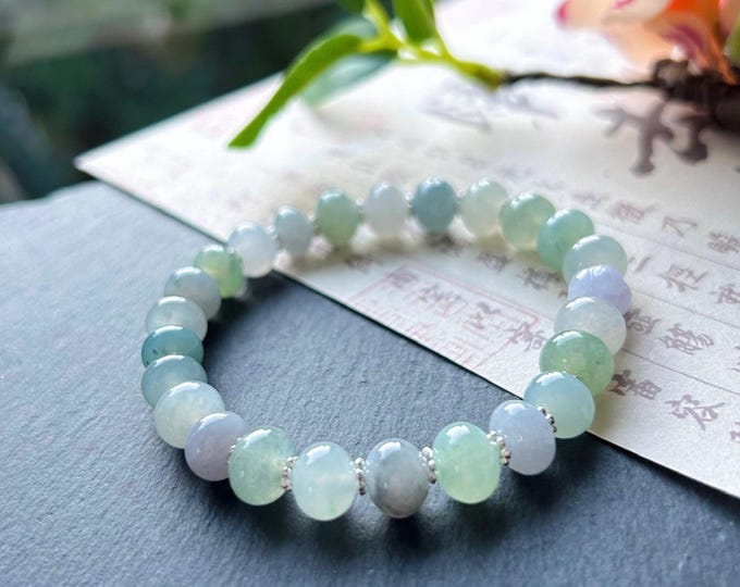 Natural Jadeite Beaded Bracelet Handmade Jewelry Burmese Type A Highly Translucent Icy Multicolor Jade 9mm