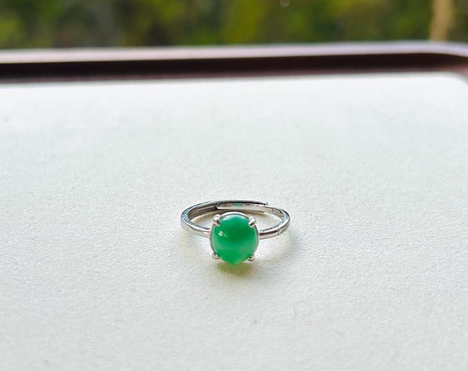 Natural Jadeite Jade Ring Jewelry Translucent Type A Icy Burmese Emerald Green Jadeite Adjustable Sterling Silver Ring Handmade Gift for Her