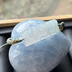 Jadeite Jade Carved Flower Rope Bracelet Jewelry Gift for Her Genuine Type A Highly Translucent Icy White Burmese Jadeite Handmade in Canada