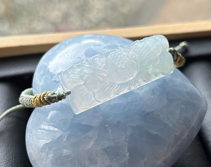 Jadeite Jade Carved Flower Rope Bracelet Jewelry Gift for Her Genuine Type A Highly Translucent Icy White Burmese Jadeite Handmade in Canada