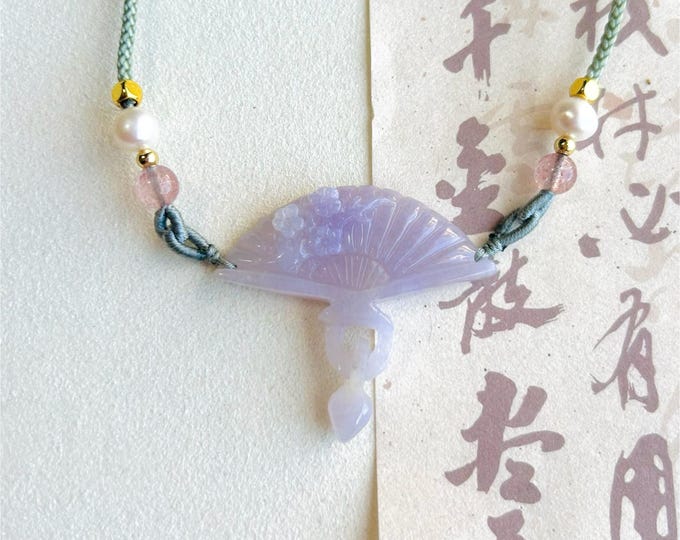 Jadeite Jade Pendant Jewelry Gift Natural Burmese Type A Translucent Icy Green/ Lavender Purple Jade Handcarved Interlocking Rings Fan