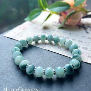 Pulseira de contas de jade jadeíta, joia, presente para ela, natural, birmanês, tipo A, translúcido, azul, floral, 9 mm, jade, tambor, FeiCui