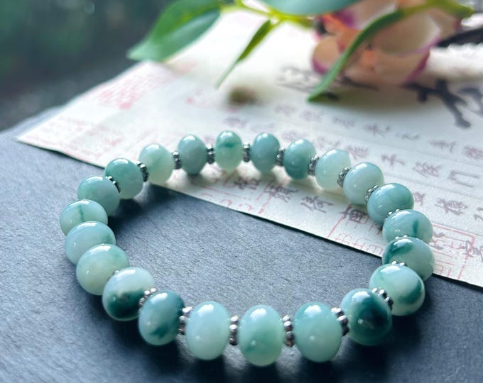 Jadeite Jade Beaded Bracelet Jewelry Gift for Her Natural Untreated Burmese Type A Icy Translucent Blue Floral 9mm Jade Drum Bead FeiCui