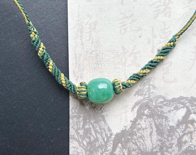Natural Jadeite Lulutong Pendant Handwoven Adjustable Clavicle Necklace Burmese Type A Translucent Icy Green Jade