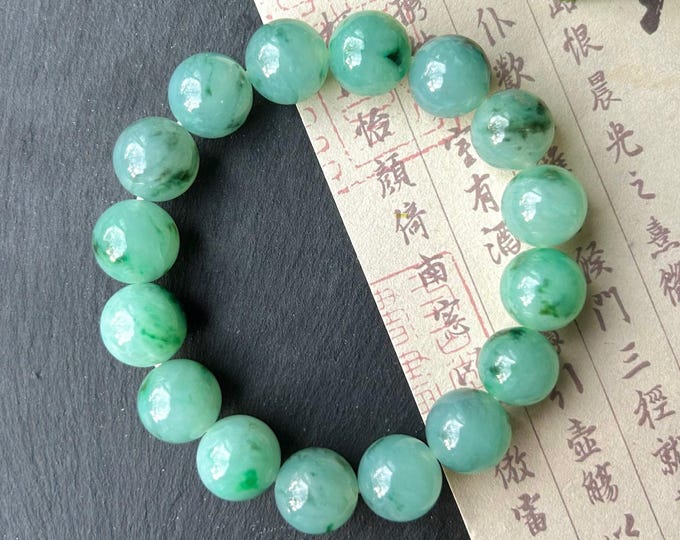 Natural Jadeite BIG Beads Bracelet Burmese Type A Highly Translucent Icy Gelatinous Green WuJi Floral 12mm Jade