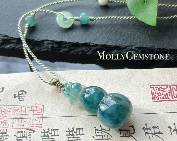 Certified Natural Jade Hulu Pendant Handwoven Necklace| Burmese Type A Highly Translucent Icy Denim Blue Jadeite