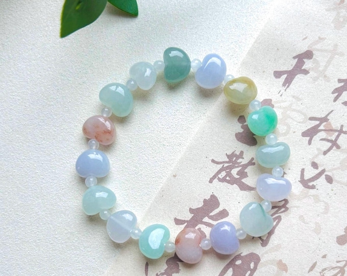 Jadeite Jade Heart Shape Beaded Bracelet Jewelry Mothers Day Gift Natural Type A Burmese Icy Superior Highly Translucent MultiColor 11mm