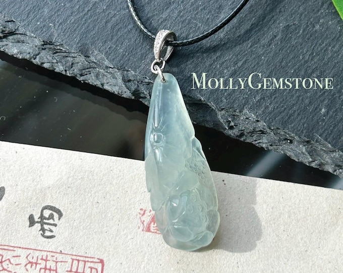 Certified Natural Jade Lotus Pendant | Burmese Type A Highly Translucent Icy Light Blue/White Jadeite, 925 Sterling Silver