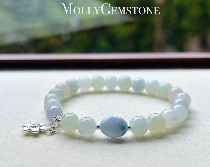 Jadeite Jade Beaded Bracelet Handmade Jewelry Gift for Her Authentic Burmese Grade A Icy Translucent Lavender Purple, Green & Blue 7.3mm
