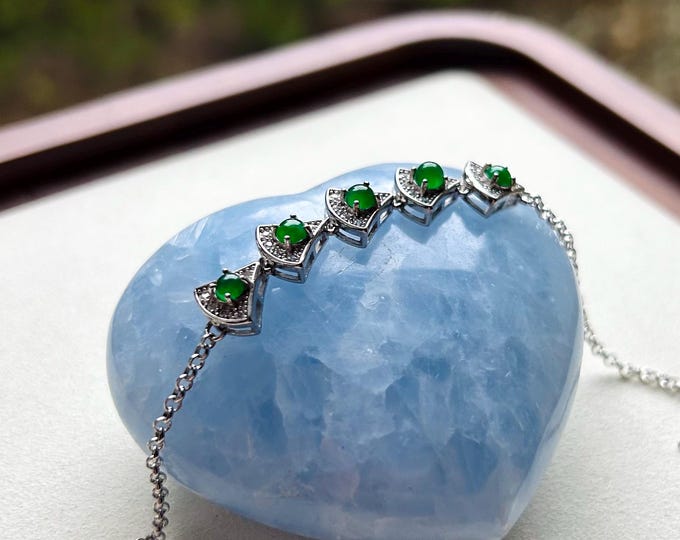 Certified Jadeite Bracelet Jewelry Authentic Untreated Icy Highly Translucent Guatemala Type A Jadeite Sunny Green Jadeite & Sterling Silver