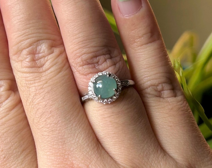 Natural Jadeite Jade Ring Jewelry Highly Translucent Type A Icy Guatemala Blue Jadeite Adjustable Sterling Silver Ring Handmade Gift for Her
