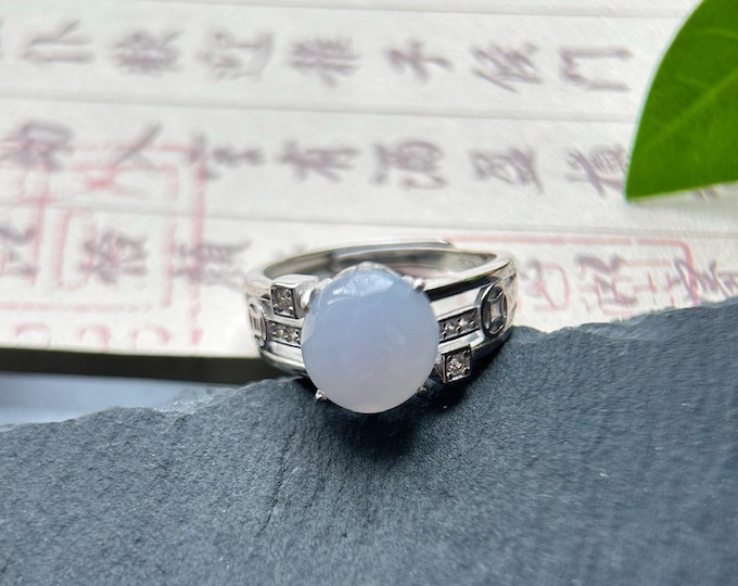 Natural Jadeite Adjustable Ring Burmese Type A Icy Translucent Lavender Bluish Purple Jade with Sterling Silver