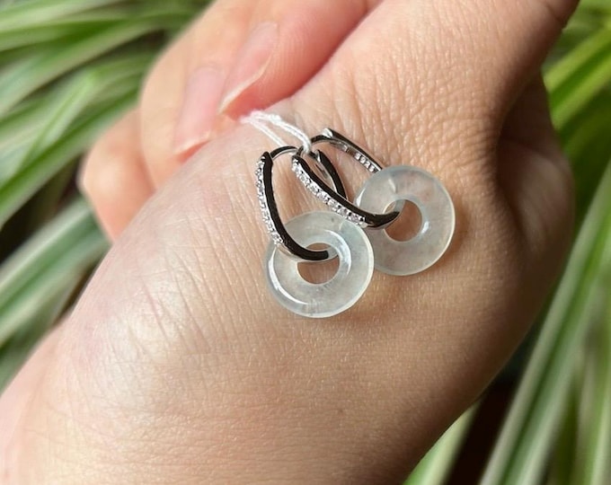 Natural Jadeite Lucky Donut Earrings: Burmese Type A Untreated Highly Translucent Icy White/Pale Blue Jade, Sterling Silver