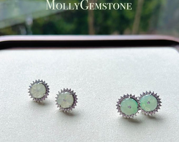 Jadeite Jade Stud Earrings Jewelry Gift for Her Burmese Natural Type A Translucent Icy White and Green Floral Jadeite Earrings Silver