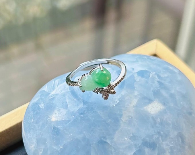 Natural Jadeite Ring Jewelry Authentic Translucent Type A Icy Burmese Sunny Green Jade Hulu Adjustable Silver Ring Handmade Gift for Her