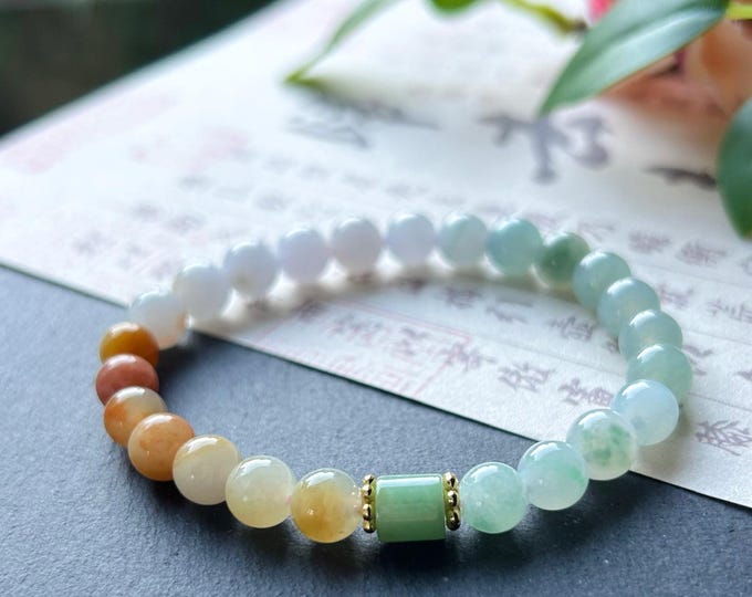 Jadeite Beaded Bracelet Jewelry Natural Burmese Type A Icy Highly Translucent MultiColor Rainbow Jade 7mm