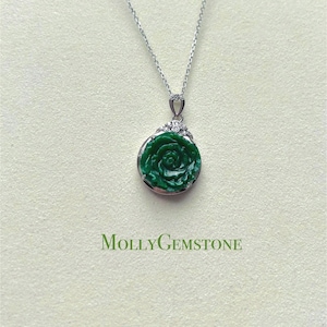 Jadeite Jade Pendant Necklace Jewelry Gift for Her Authentic Type A Icy Translucent Burmese Emerald Green Rose Jadeite Pendant Silver Chain