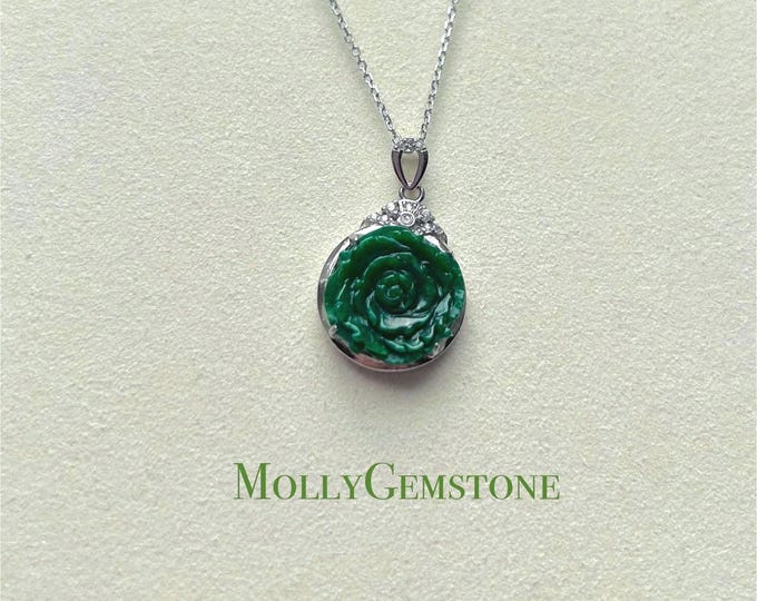 Jadeite Jade Pendant Necklace Jewelry Gift for Her Authentic Type A Icy Translucent Burmese Emerald Green Rose Jadeite Pendant Silver Chain