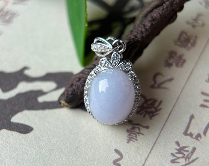 Natural Jadeite Pendant Necklace Burmese Type A Icy Translucent Pale Lavender Purple Jade Sterling Silver Frame