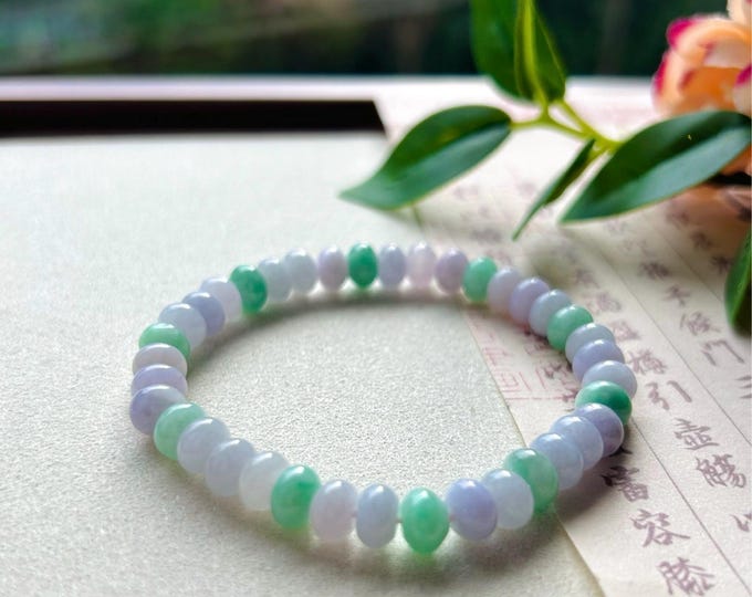 Jadeite Jade Beaded Bracelet Jewelry Handmade Gift for Her Natural Burmese Icy Translucent Type A Lavender Purple & Green Jade 6.8mm FeiCui