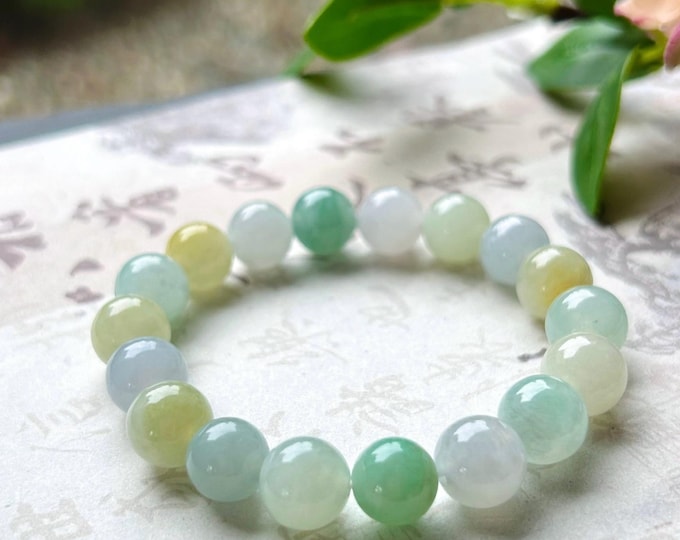 Burmese Jadeite Beaded Bracelet: Natural Type A Highly Translucent Icy Multicolor Myanmar Jade Untreated